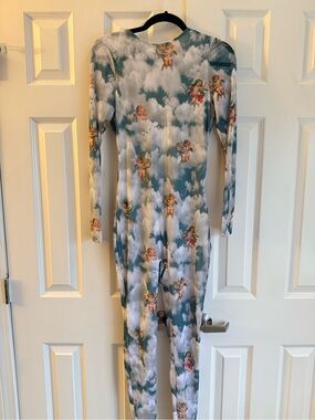 Fashion Nova Blue and Cream Cherub Cloud Jumpsuit